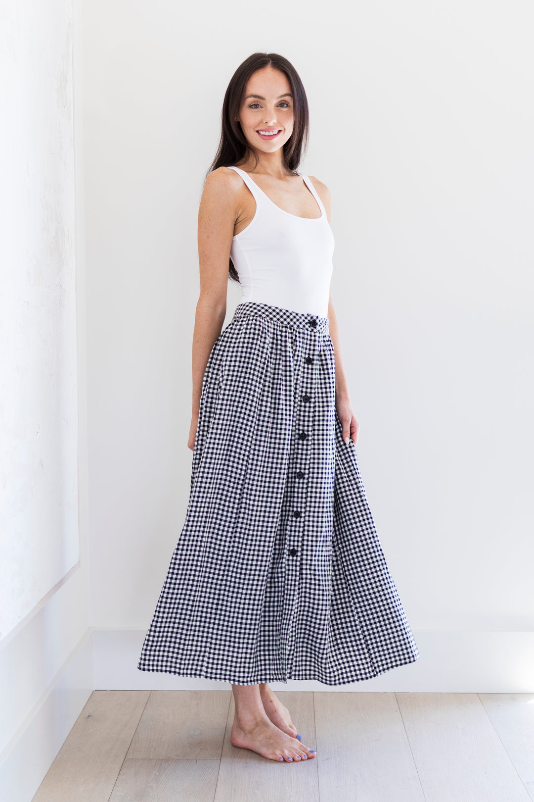 Chrissy Button Up Midi Skirt Black Gingham M